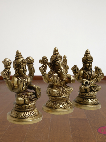 Handcrafted Brass Lakshmi Ganesh Saraswati Statue Set