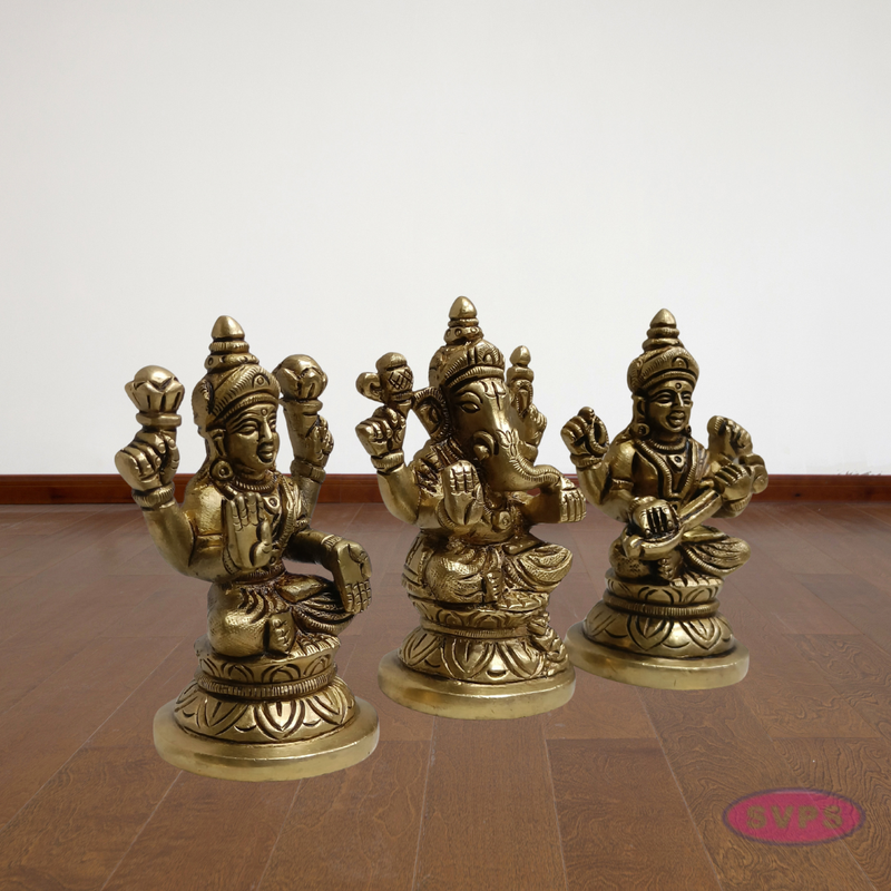 Handcrafted Brass Lakshmi Ganesh Saraswati Statue Set