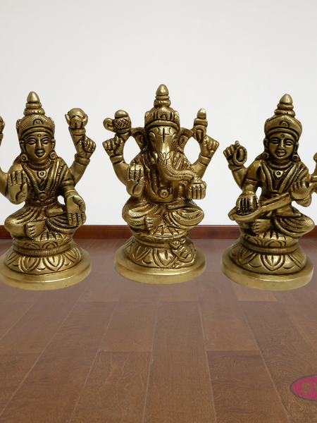 Handcrafted Brass Lakshmi Ganesh Saraswati Statue Set