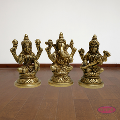 Handcrafted Brass Lakshmi Ganesh Saraswati Statue Set