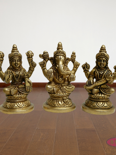 Handcrafted Brass Lakshmi Ganesh Saraswati Statue Set