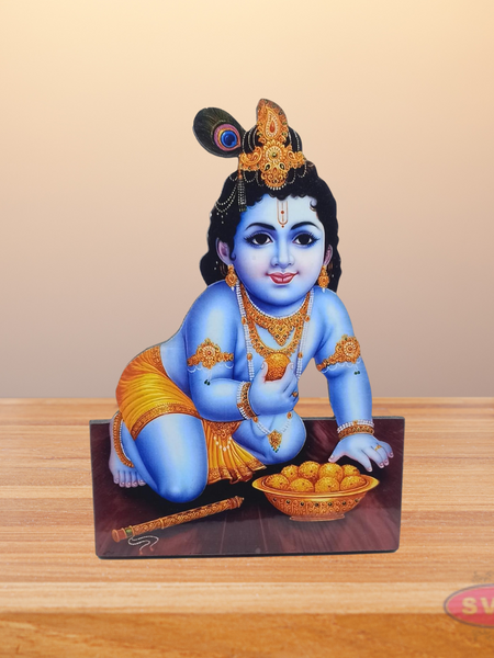 Wooden Sri Laddu Krishna Table Stand / Wall Hanging Photo Cutout