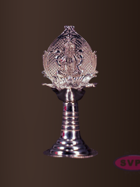 Silver Finish Lord Lakshmi Pooja Diya with Long Stand Base
