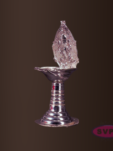 Silver Finish Lord Lakshmi Pooja Diya with Long Stand Base