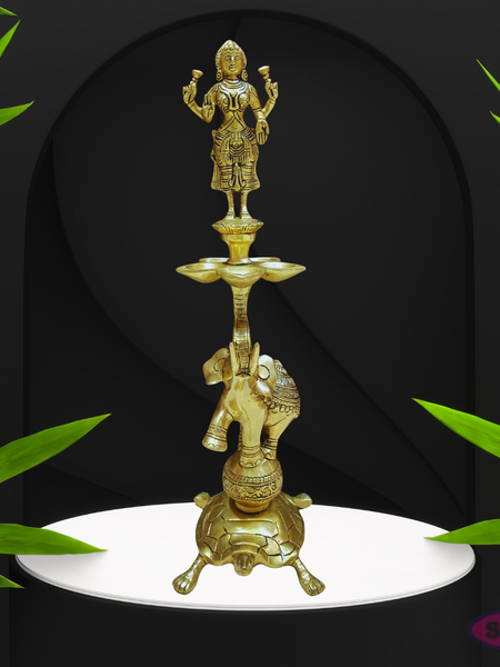 Brass Standing Lakshmi 5 Face Lamp On Elephant With Tortoise
