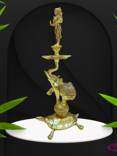 Brass Standing Lakshmi 5 Face Lamp On Elephant With Tortoise