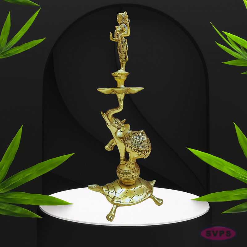 Brass Standing Lakshmi 5 Face Lamp On Elephant With Tortoise