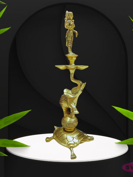 Brass Standing Lakshmi 5 Face Lamp On Elephant With Tortoise