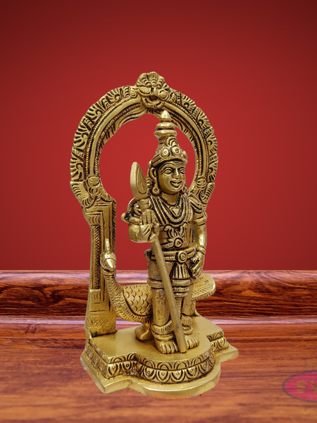Brass Lord Murugan Idol with Vel & Peacock – Handcrafted Kartikeya Statue with Arch