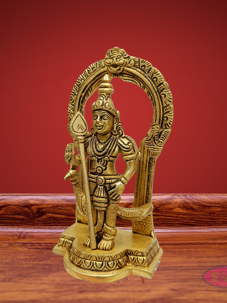 Brass Lord Murugan Idol with Vel & Peacock – Handcrafted Kartikeya Statue with Arch
