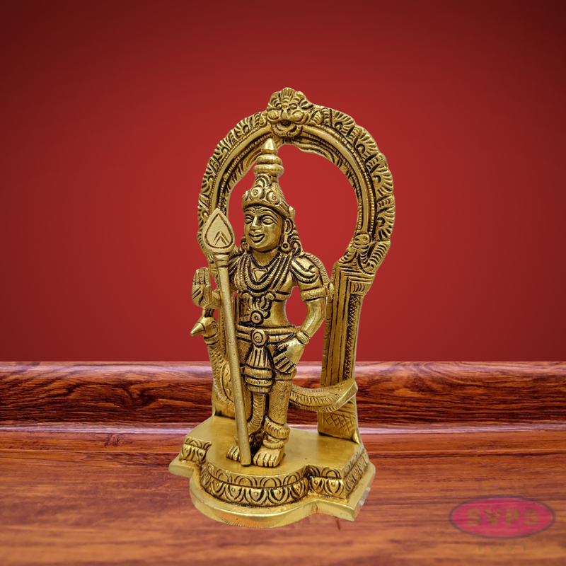Brass Lord Murugan Idol with Vel & Peacock – Handcrafted Kartikeya Statue with Arch