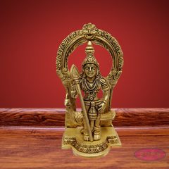 Brass Lord Murugan Idol with Vel & Peacock – Handcrafted Kartikeya Statue with Arch