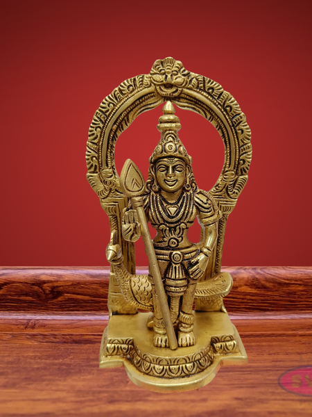 Brass Lord Murugan Idol with Vel & Peacock – Handcrafted Kartikeya Statue with Arch