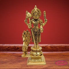 Brass Lord Murugan Arumugam Idol with Vel & Peacock – Handcrafted Shanmukha Statue