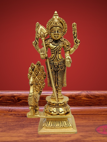 Brass Lord Murugan Arumugam Idol with Vel & Peacock – Handcrafted Shanmukha Statue
