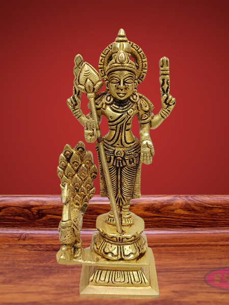 Brass Lord Murugan Arumugam Idol with Vel & Peacock – Handcrafted Shanmukha Statue