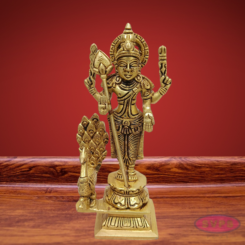 Brass Lord Murugan Arumugam Idol with Vel & Peacock – Handcrafted Shanmukha Statue