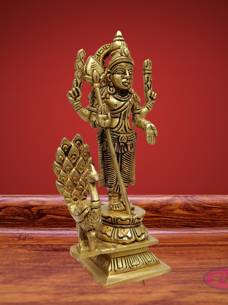 Brass Lord Murugan Arumugam Idol with Vel & Peacock – Handcrafted Shanmukha Statue