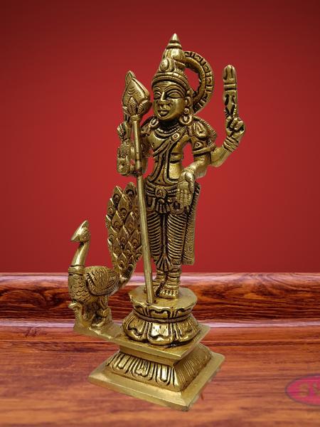 Brass Lord Murugan Arumugam Idol with Vel & Peacock – Handcrafted Shanmukha Statue