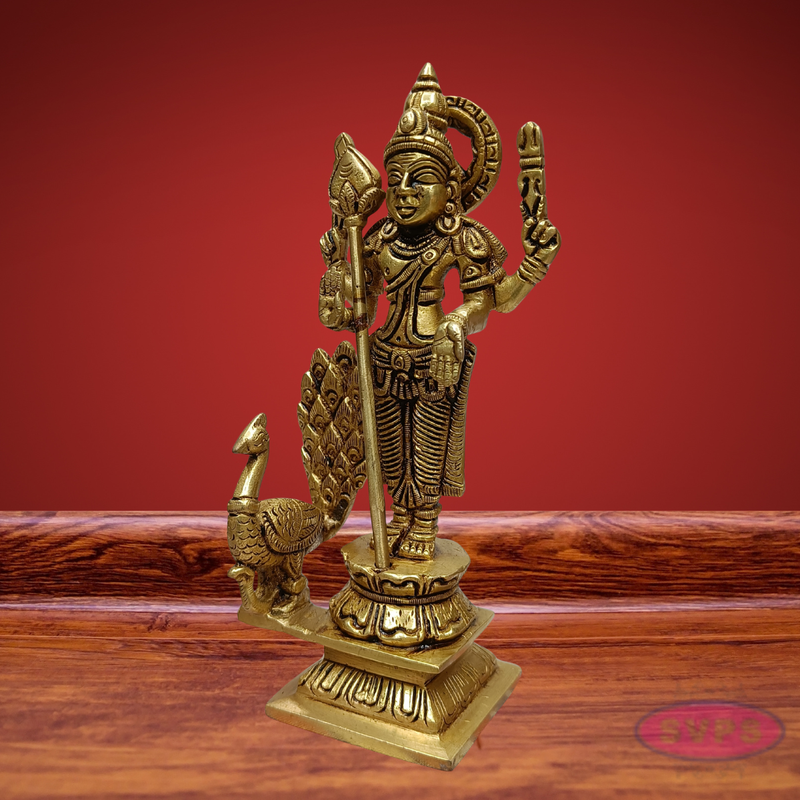 Brass Lord Murugan Arumugam Idol with Vel & Peacock – Handcrafted Shanmukha Statue
