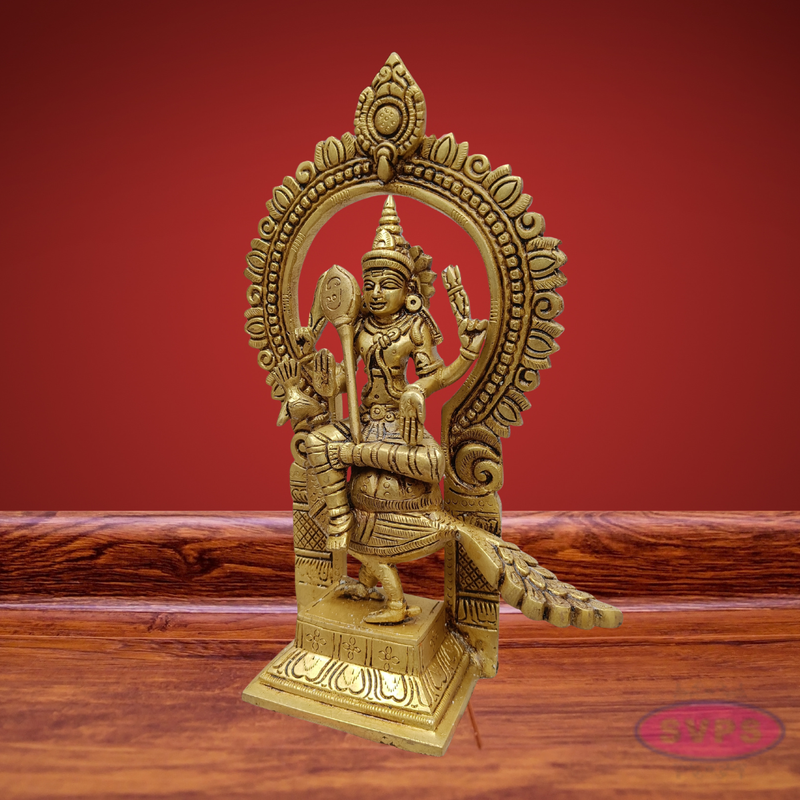 Brass Lord Murugan Sitting on Peacock (Mayil Vahanam) with Prabhavali