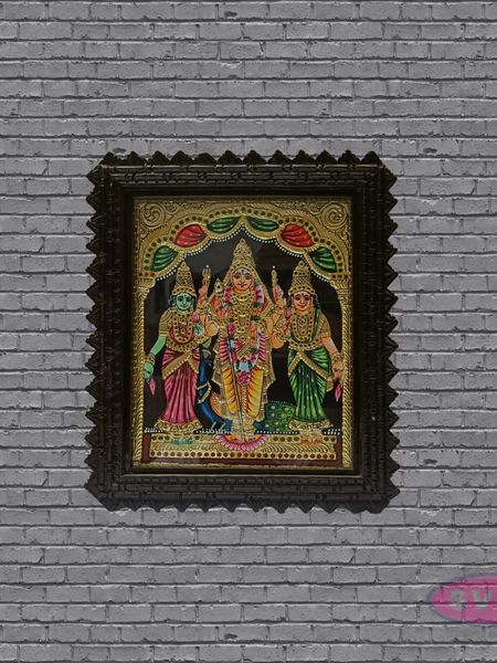 Murugan Valli & Deivanai Tanjore Art with Antique Finish Teak Wood Frame