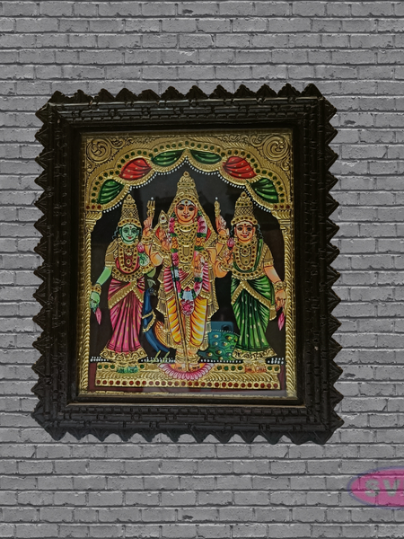 Murugan Valli & Deivanai Tanjore Art with Antique Finish Teak Wood Frame
