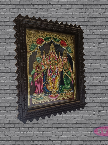 Murugan Valli & Deivanai Tanjore Art with Antique Finish Teak Wood Frame