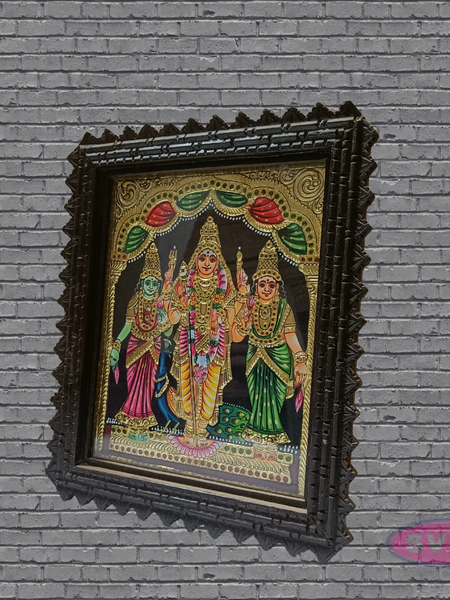 Murugan Valli & Deivanai Tanjore Art with Antique Finish Teak Wood Frame