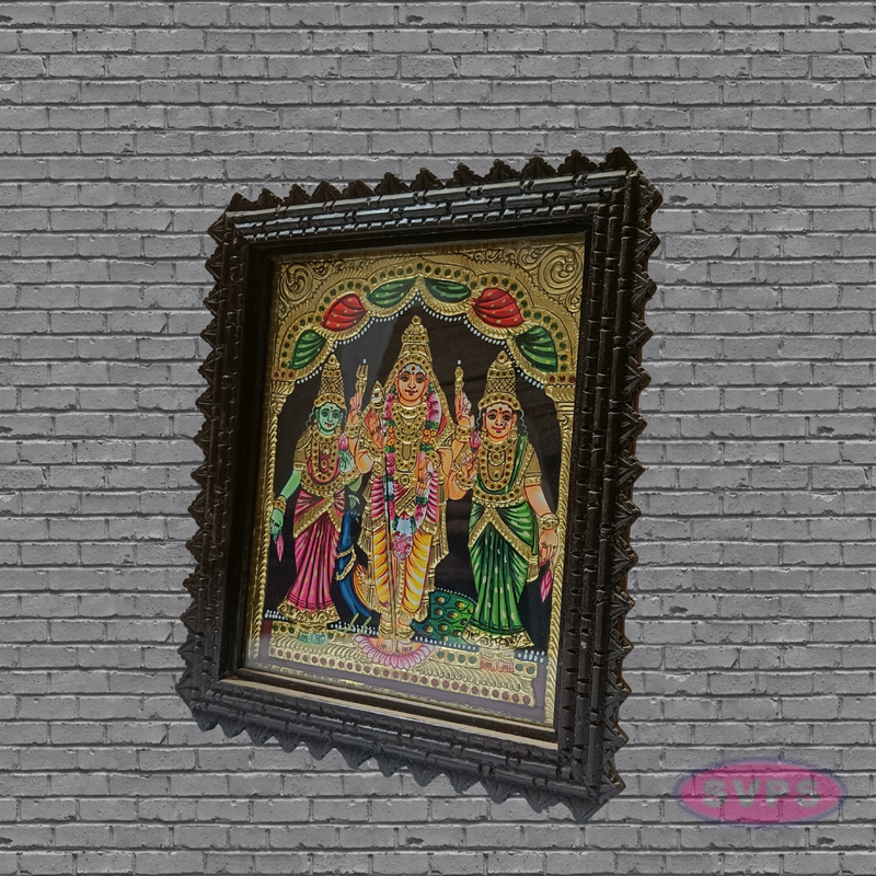 Murugan Valli & Deivanai Tanjore Art with Antique Finish Teak Wood Frame