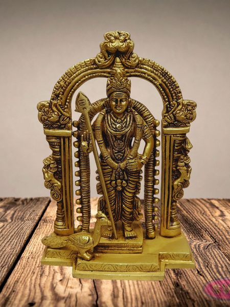9 Inches Brass Lord Murugan Idol with Vel & Peacock – Antique Finish