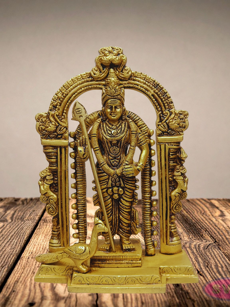 9 Inches Brass Lord Murugan Idol with Vel & Peacock – Antique Finish
