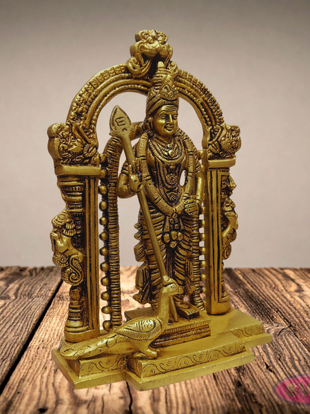 9 Inches Brass Lord Murugan Idol with Vel & Peacock – Antique Finish