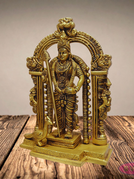 9 Inches Brass Lord Murugan Idol with Vel & Peacock – Antique Finish