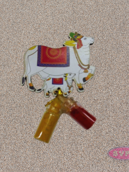 Kamadhenu Cow Fridge Magnet with Mini Kumkum &  Haldi Bottles