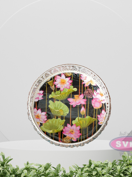 Silver Colored Metal Pichwai Round Tray With Lotus Design