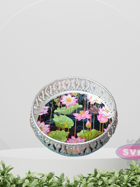 Silver Colored Metal Pichwai Round Tray With Lotus Design