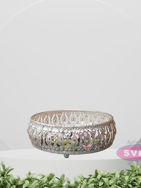 Silver Colored Metal Pichwai Round Tray With Lotus Design