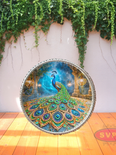 Silver Colored Metal Pichwai Round Tray With Peacock Design