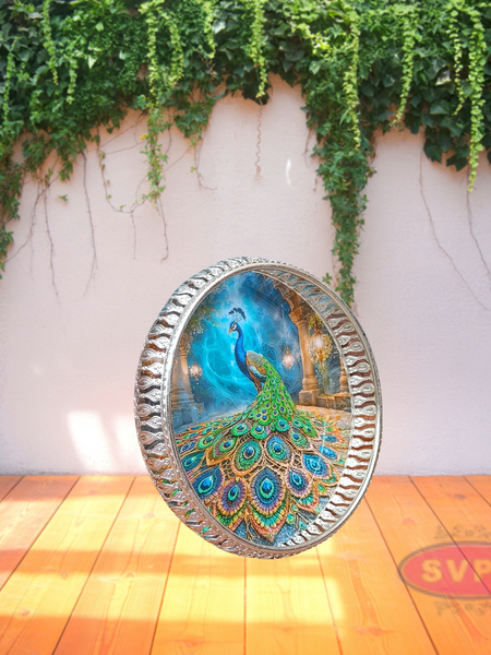 Silver Colored Metal Pichwai Round Tray With Peacock Design