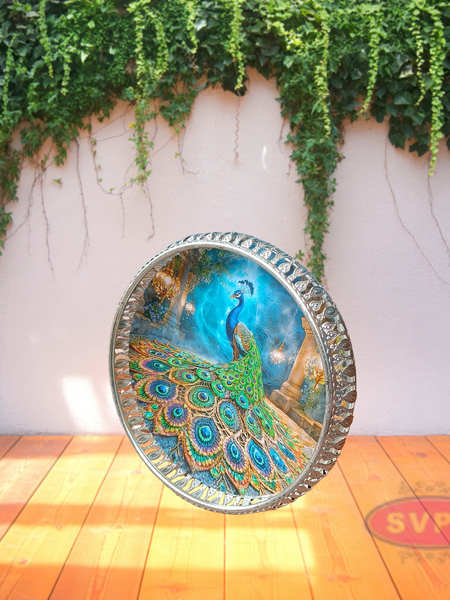 Silver Colored Metal Pichwai Round Tray With Peacock Design