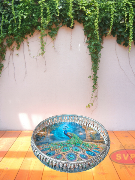 Silver Colored Metal Pichwai Round Tray With Peacock Design