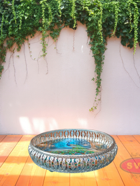 Silver Colored Metal Pichwai Round Tray With Peacock Design