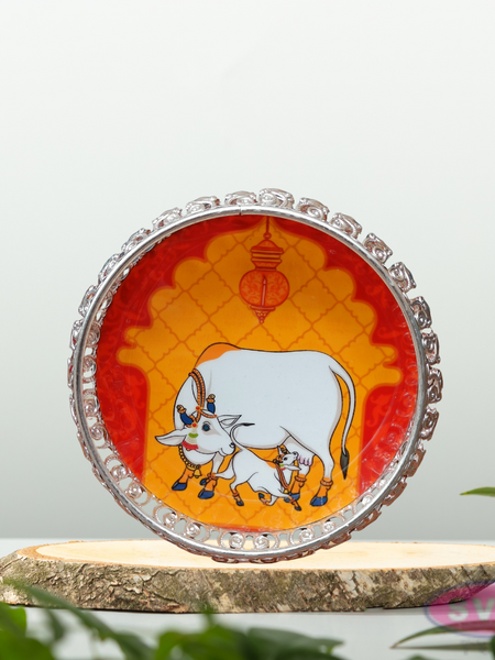 Silver Colored Metal Pichwai Serving Tray With Cow And Calf