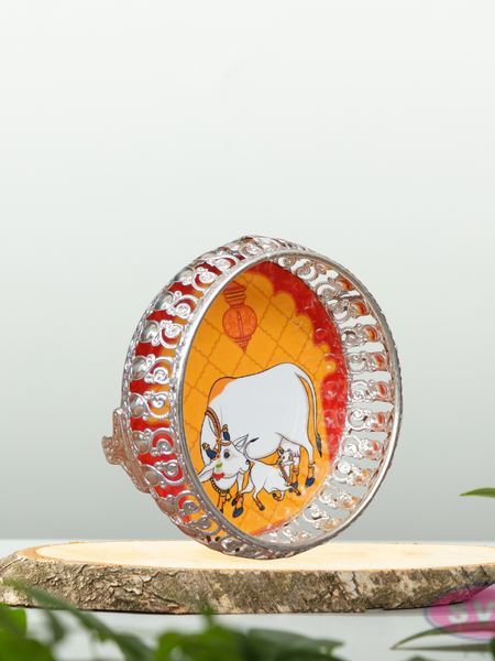 Silver Colored Metal Pichwai Serving Tray With Cow And Calf