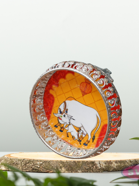 Silver Colored Metal Pichwai Serving Tray With Cow And Calf