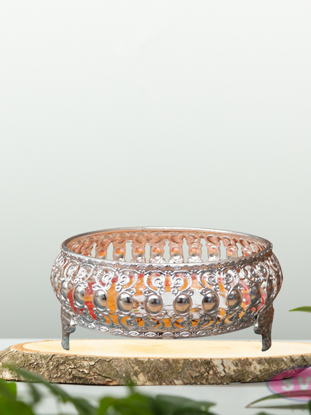 Silver Colored Metal Pichwai Serving Tray With Cow And Calf