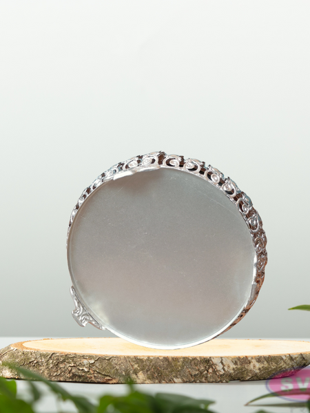 Silver Colored Metal Pichwai Serving Tray With Cow And Calf