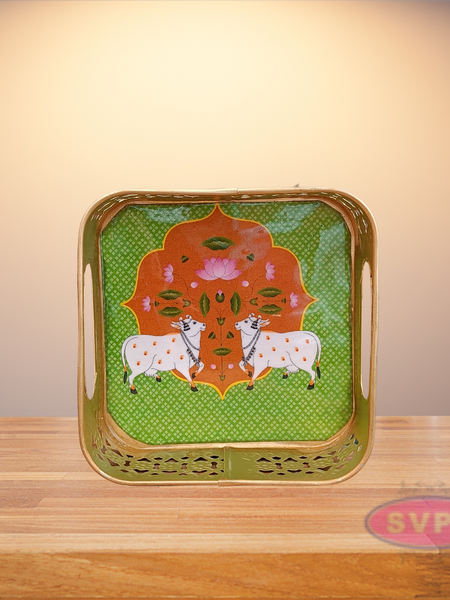 Gold Colored Metal Pichwai Square Shaped Cow Design Serving Tray