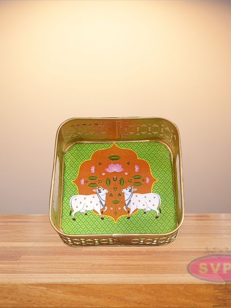 Gold Colored Metal Pichwai Square Shaped Cow Design Serving Tray